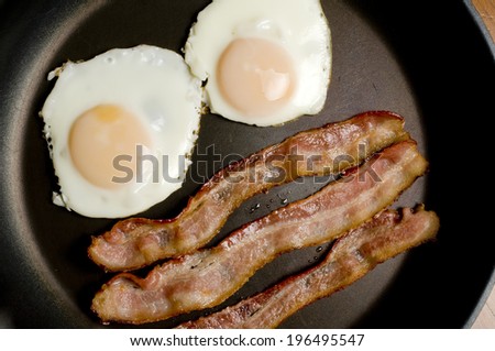Bacon and eggs fried sunny side up in a skillet.