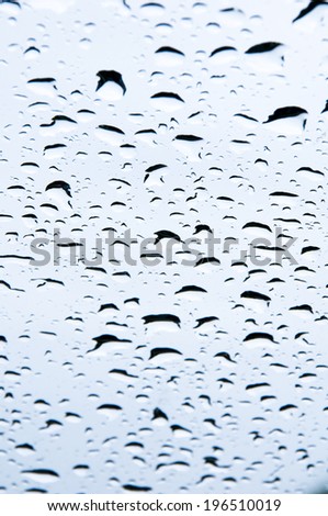 Several drops of water reflecting off a piece of glass.