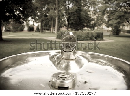 A bare water fountain sits in a yard.