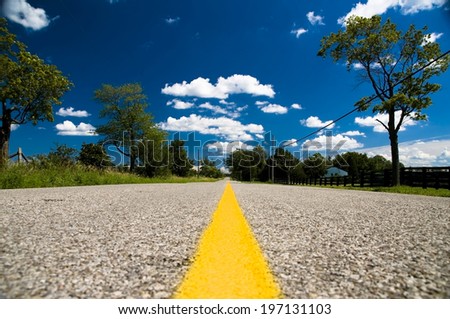 A bright yellow line runs down a paved road surrounded by trees and grass.
