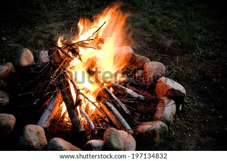 A fire burning in a stone fire ring.