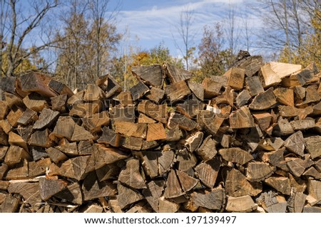 A stack of wooden logs piled up outside.