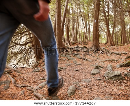 A man walking along the leaf littered forest floor.