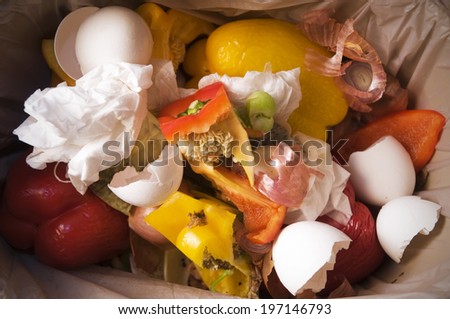 Some foods items including egg shells and vegetables in the trash can.