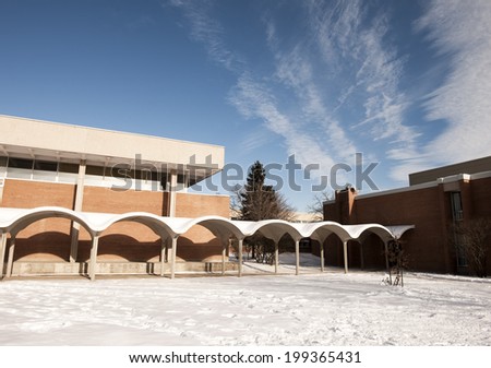 Covered walkway alongside school building