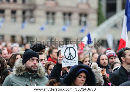 Toronto November 14, 2015\
Crowds gather at Toronto\'s Nathan Phillips Square for a silent vigil this afternoon to honour those lost and injured in the terror attacks on Paris.