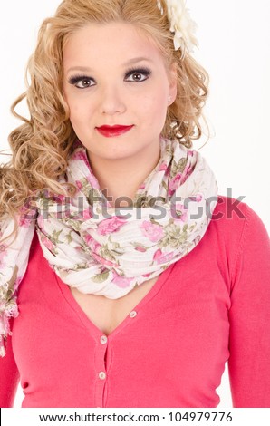 Portrait of trendy young woman in smiling against white background