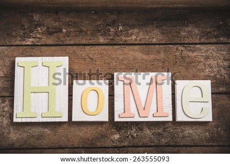 Home sweet home, wooden text on vintage board background with copy space