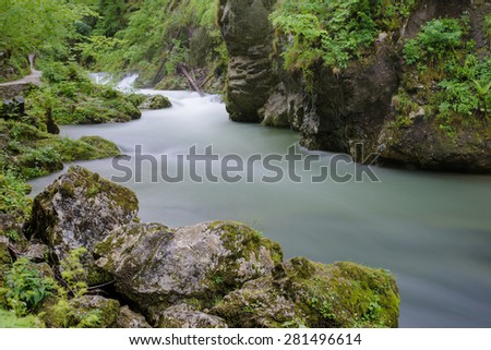Beautiful mountain river. Flowing water.