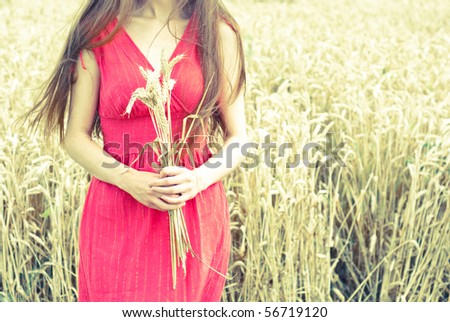 young woman in the field holding bundle of the golden wheat ears