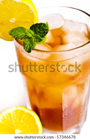 Iced tea with lemon isolated on white