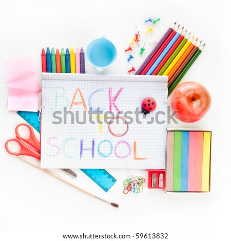 Photo of office and student gear over white background