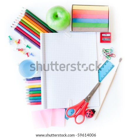 Photo of office and student gear over white background