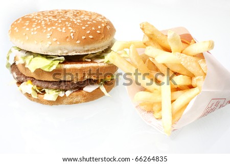 Burger and french fries from a popular fast food chain.