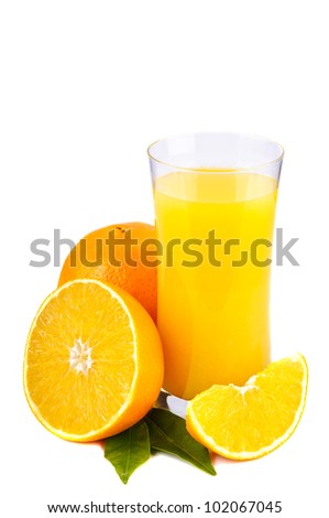 oranges and glass of orange juice isolated on a white background