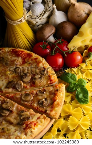 italian food, pizza, pasta and ingredients