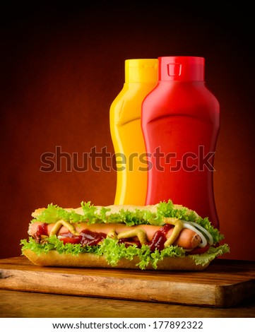 still life with traditional homemade hotdog, ketchup and mustard