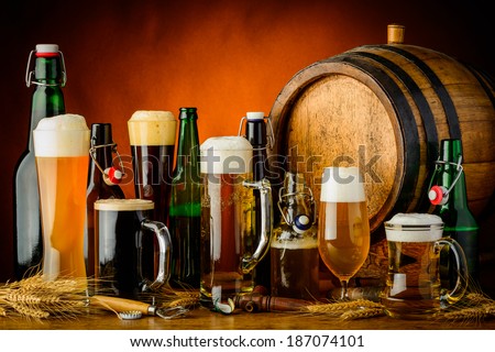 still life with different bottles glasses and mugs of beer drinks still life with different bottles glasses and mugs of beer drinks