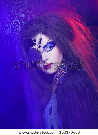 Pirate. One-eyed young woman with artistic visage posing in smoke