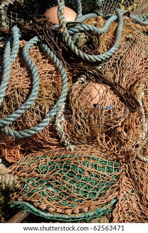 dtail of deep sea fishing nets, buoys and ropes