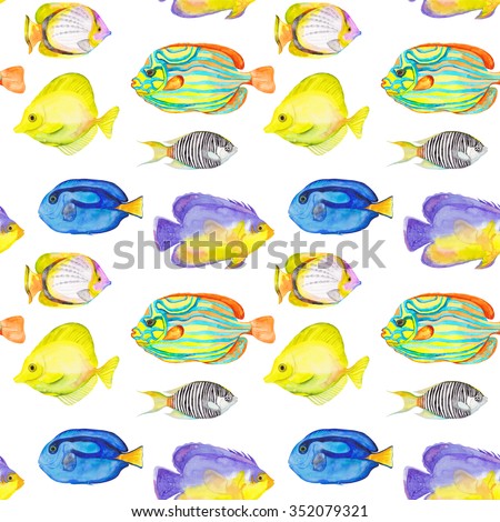 Seamless watercolor fish pattern. Endless texture. Hand draw. Shoal fishes. Yellow tang fish, Butterfly Fish, Purple Mask Angel Fish, Zebra Angel Fish, Blue Stripe Angel Fish, Blue Tang Angel Fish.