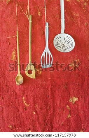 Vintage kitchen utensils,spoons spatulas,skimmer,free copy space