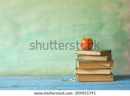 stack of books with apple, learning concept, free copy space