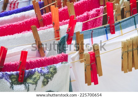 clothes on clothes line, selective focus, free copy space