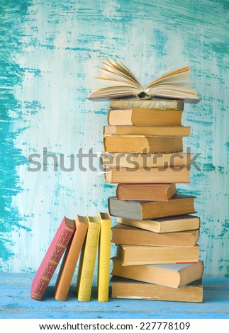 stack of books, row of books, open book, free copy space