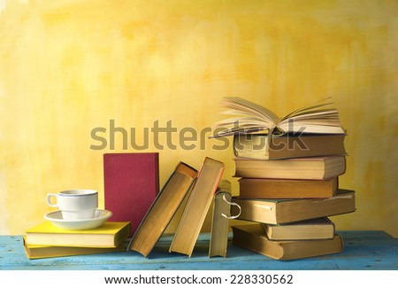 books and a cup of coffee, reading, learning concept, free copy space