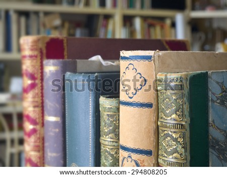 Old books, close up shot. Selective focus. Literature, reading, education concept.