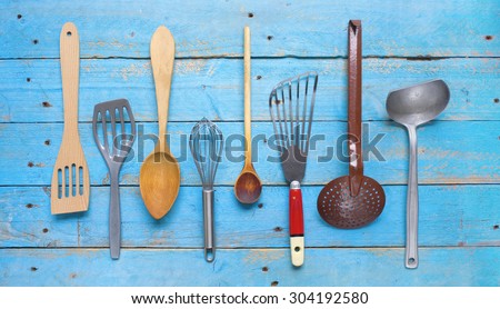 group of retro kitchen utensils.