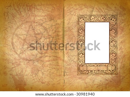 occult book pages with watermark of an pentagram and ornamented picture frame