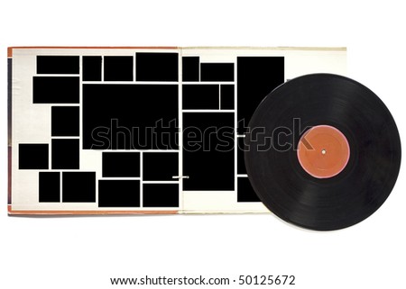 Fold out vintage record sleeve and record, blank picture frames, blank label, free copy and picture space