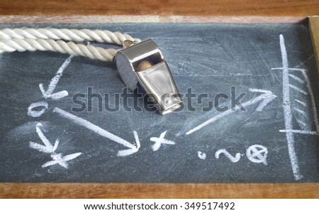 whistle of a soccer or football referee on black board with tactical diagram