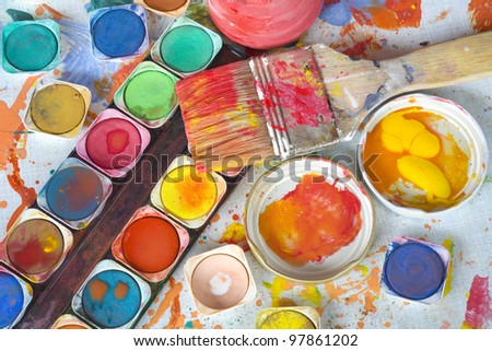 color paint and painting, still life, brushes and paint splatters