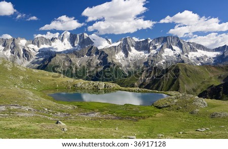 Strino lake is a little amazing lake in italian alps in Val di Sole, Trentino. 	 It is situated at 2800 meters in height near Tonale pass. In the background the Presanella glacier.
