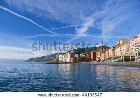 landscape of Camogli with its characteristic church and homes