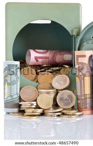 euro coins and notes are kept in a plastic safe