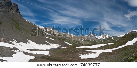 beautiful landscape from Pointe Rousse pass, Aosta valley, Italy with Mont Blanc massif on background