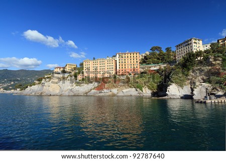coastline with typical homes surrounding the sea in Camogli, small town in Mediterranean sea, Italy