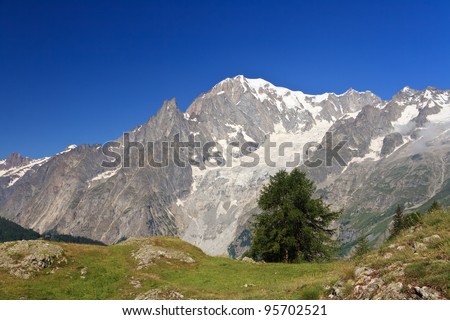 summer view Mont Blanc from Ferret valley, Courmayeur, Italy