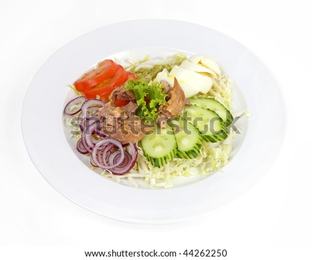 Salad with cod liver, tomato, cucumber, onion, egg and cabbage ...