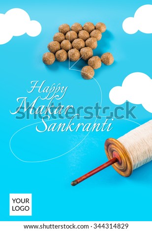 Happy Sankranti, Sankranti greeting card, indian festival with tilgul laddu or laddoo as kite on blue background depicting sky, Makar Sankranti festival in hindu religion in India, indian sweet laddu