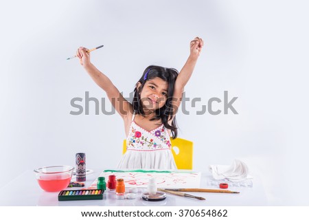 indian girl drawing, indian girl painting,asian girl colouring, paint brush and indian girl