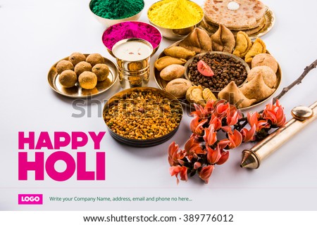 happy holi greeting card, holi wishes, greeting card of indian festival of colours called holi, season's greetings, indian festival greeting, indian food & colours arranged on ground for holi greeting