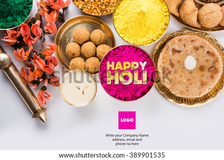 happy holi greeting card, holi wishes, greeting card of indian festival of colours called holi, season\'s greetings, indian festival greeting, indian food & colours arranged on ground for holi greeting