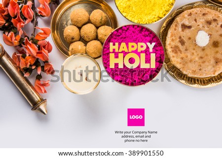happy holi greeting card, holi wishes, greeting card of indian festival of colours called holi, season's greetings, indian festival greeting, indian food & colours arranged on ground for holi greeting