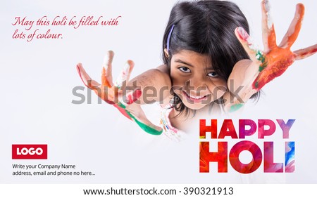 indian little girl with colours in palm wishing happy holi, small indian girl wishing happy holi, holi greeting, happy holi greeting with 4 years old indian cute girl with colourful palm