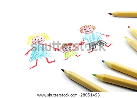 Crayon drawing of happy family on white paper